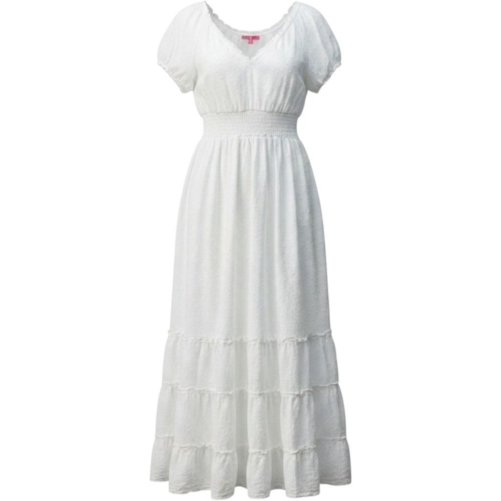 Betsey Johnson Dress Sz L White Swiss Dot Lined Pheasant Boho Smoked Waist VTG